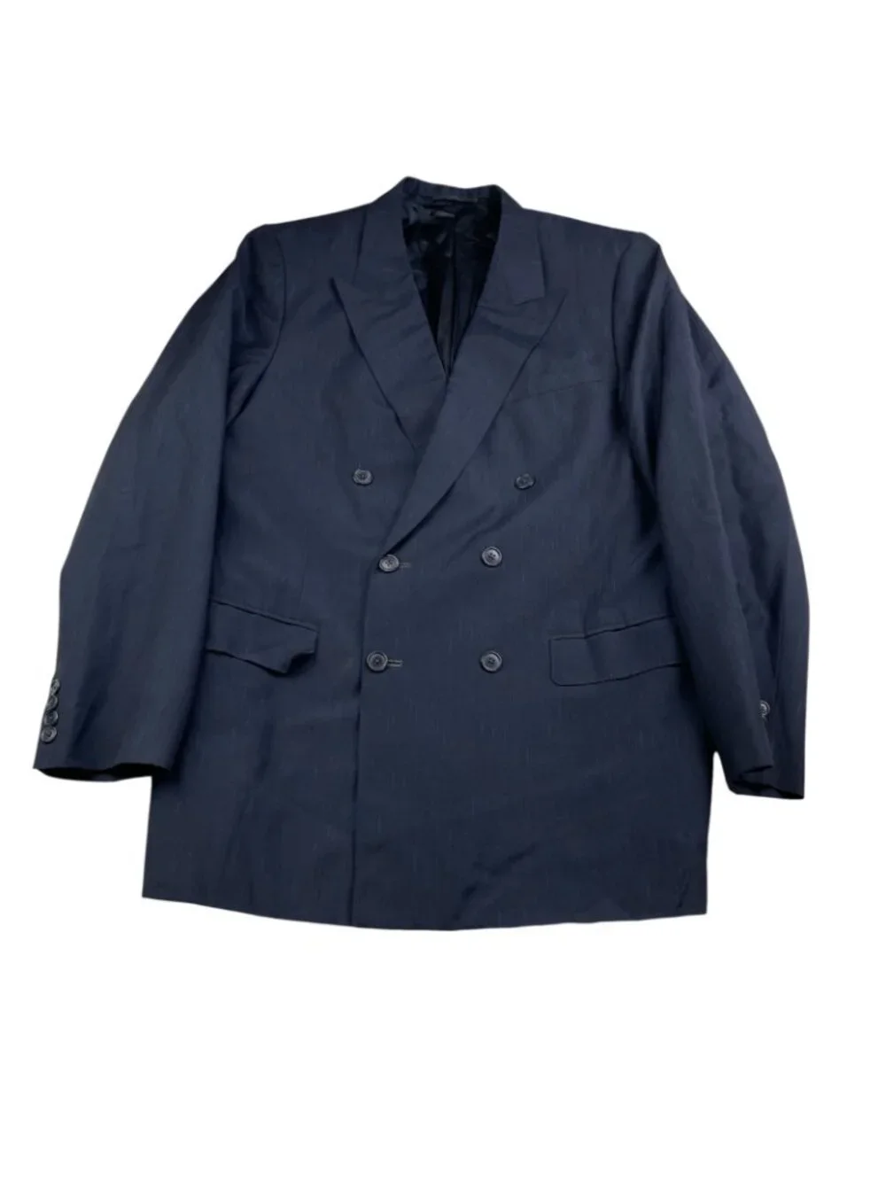 VTG Bespoke Men's 100% Wool Double Breasted Blazer Navy w/Red Blue Stripes • 44L